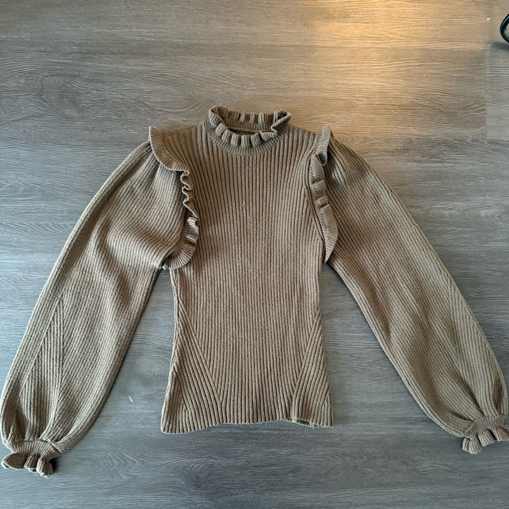Ruffled Brown Ribbed Sweater